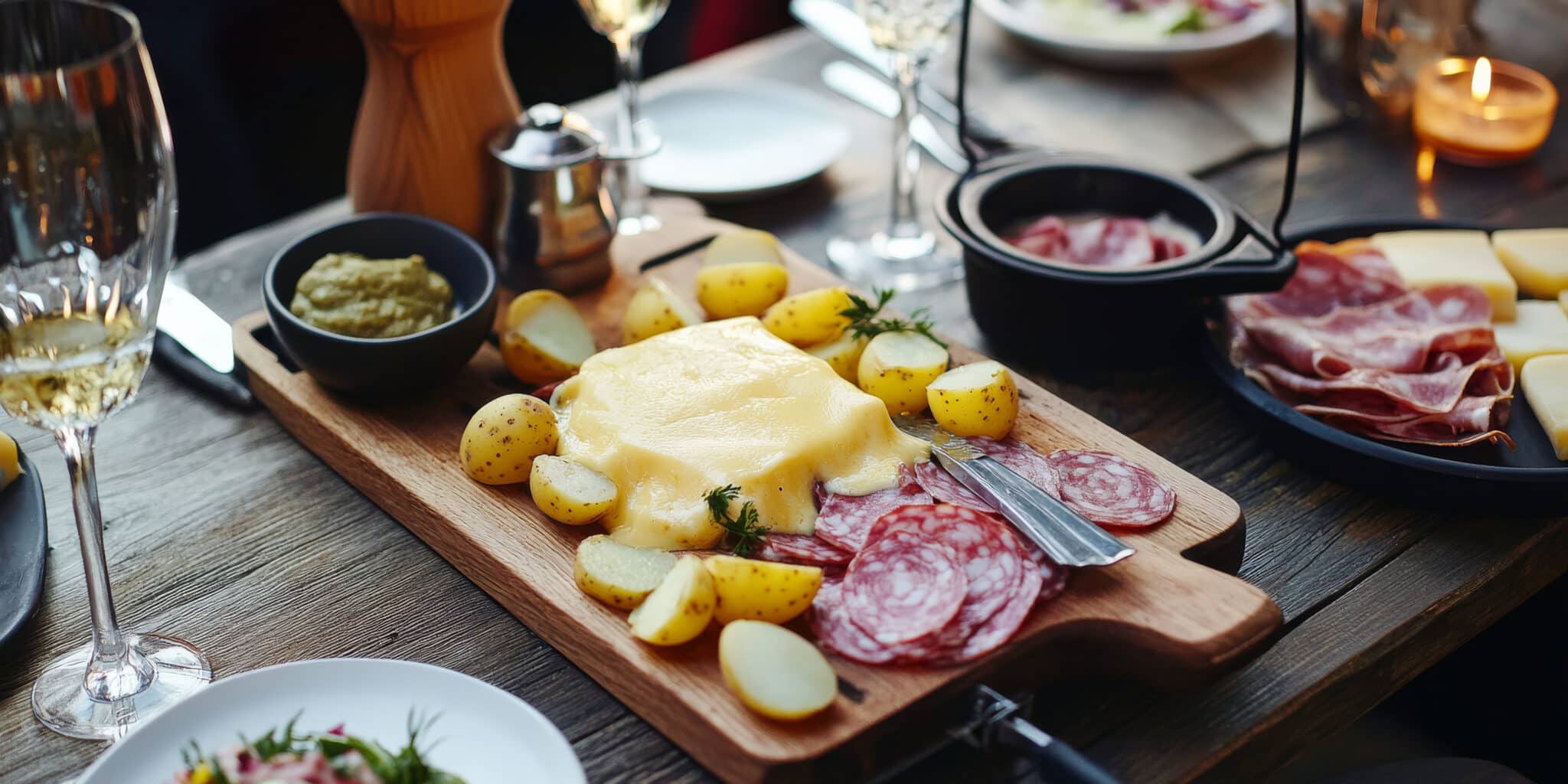 warm swiss raclette setup with melted cheese served boiled potatoes pickled onions scaled